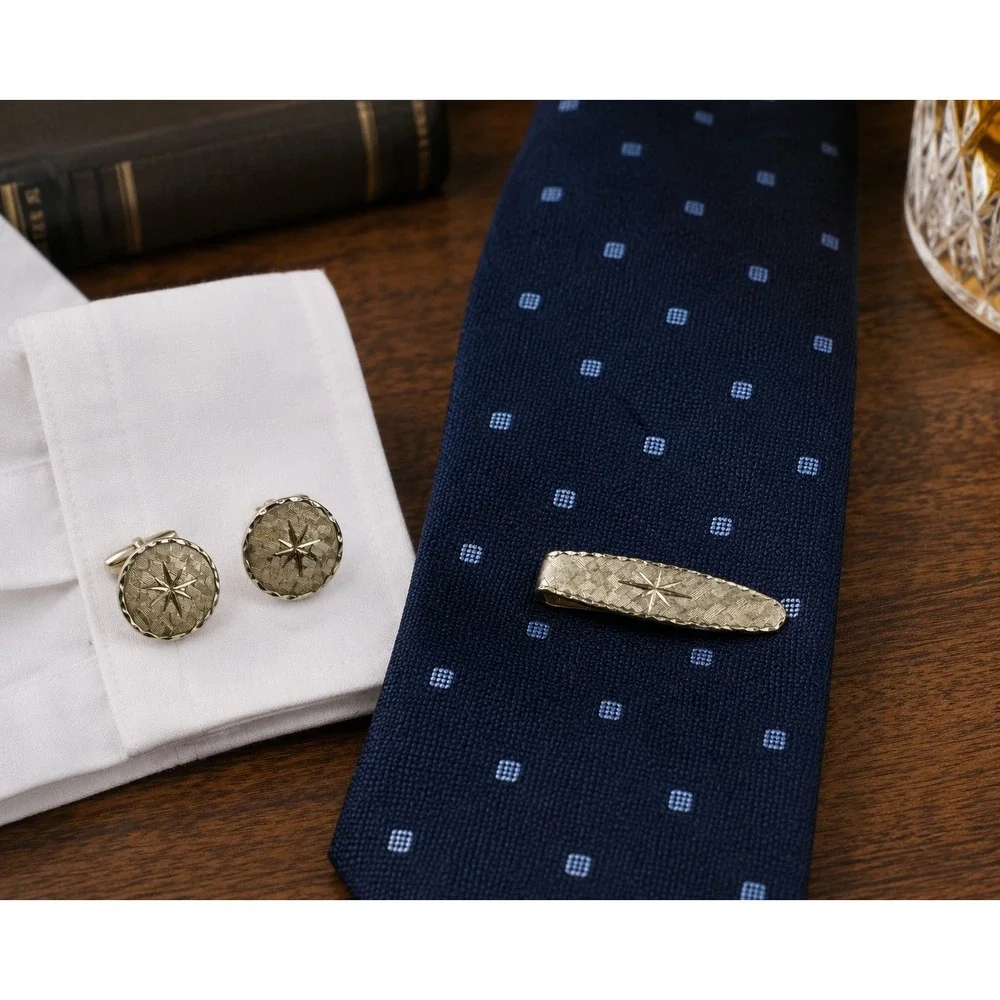Vintage Swank Cufflinks Tie Clip Set Gold Tone Starburst Basketweave MCM Men